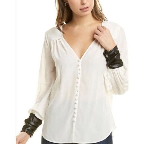 Cinq à Sept Francis Silk Blouse Faux Leathers Cuff Button Front Ivory/Black - Picture 5 of 16